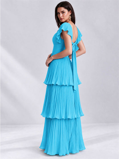 Sweetheart A-Line Tiered Chiffon Pleated Wedding Guest Dress with Flutter Sleeves