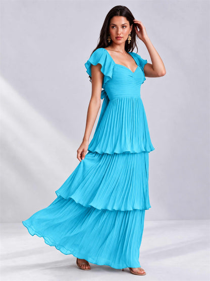 Sweetheart A-Line Tiered Chiffon Pleated Wedding Guest Dress with Flutter Sleeves