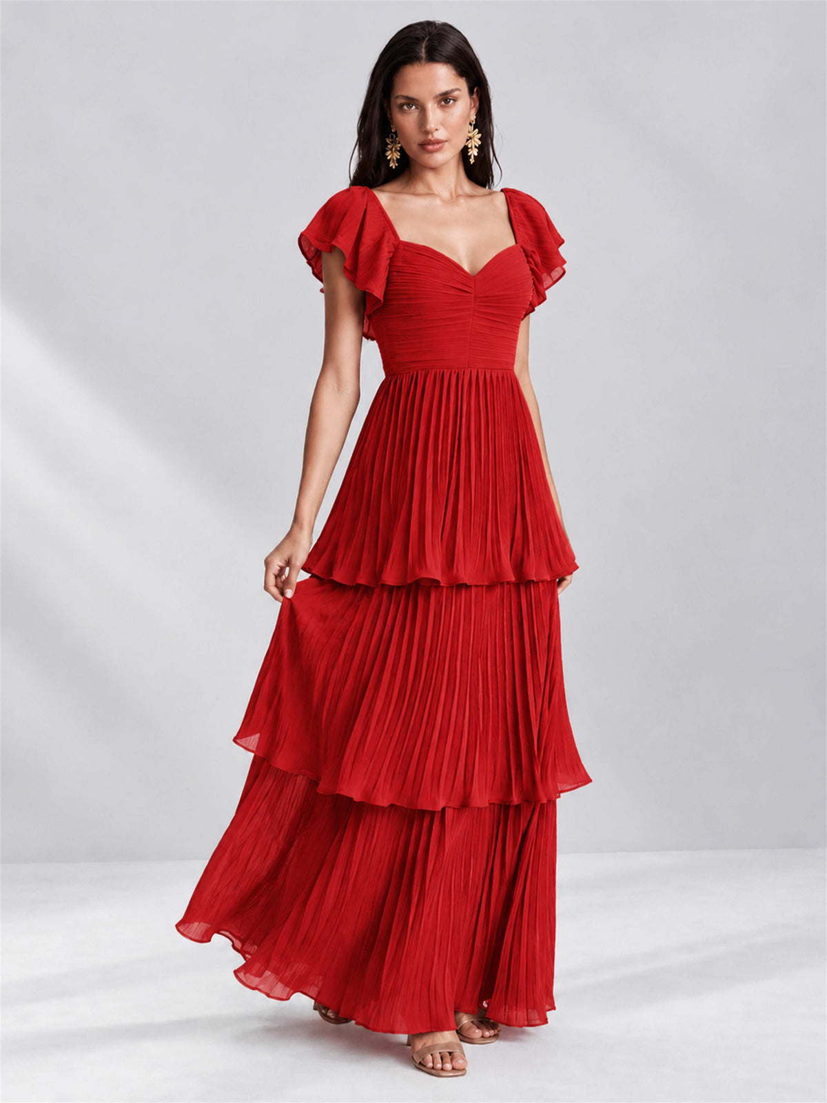 Sweetheart A-Line Tiered Chiffon Pleated Wedding Guest Dress with Flutter Sleeves