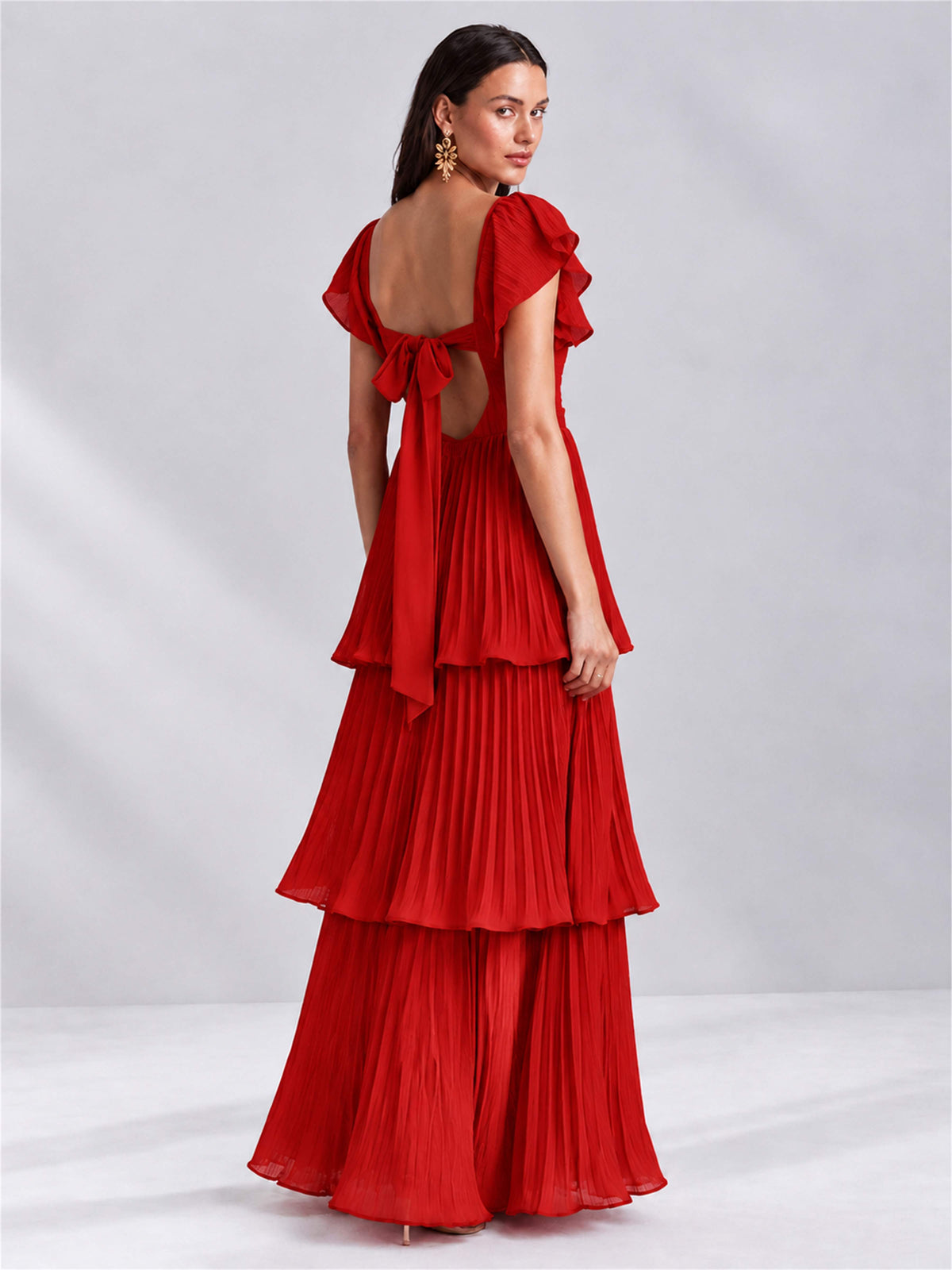 Sweetheart A-Line Tiered Chiffon Pleated Wedding Guest Dress with Flutter Sleeves