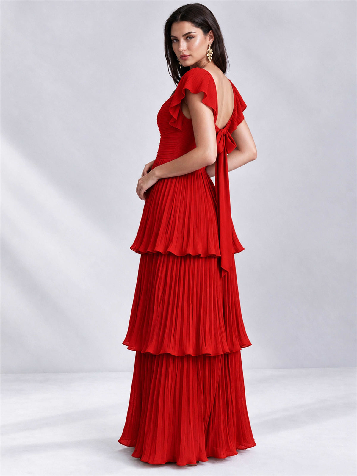 Sweetheart A-Line Tiered Chiffon Pleated Wedding Guest Dress with Flutter Sleeves