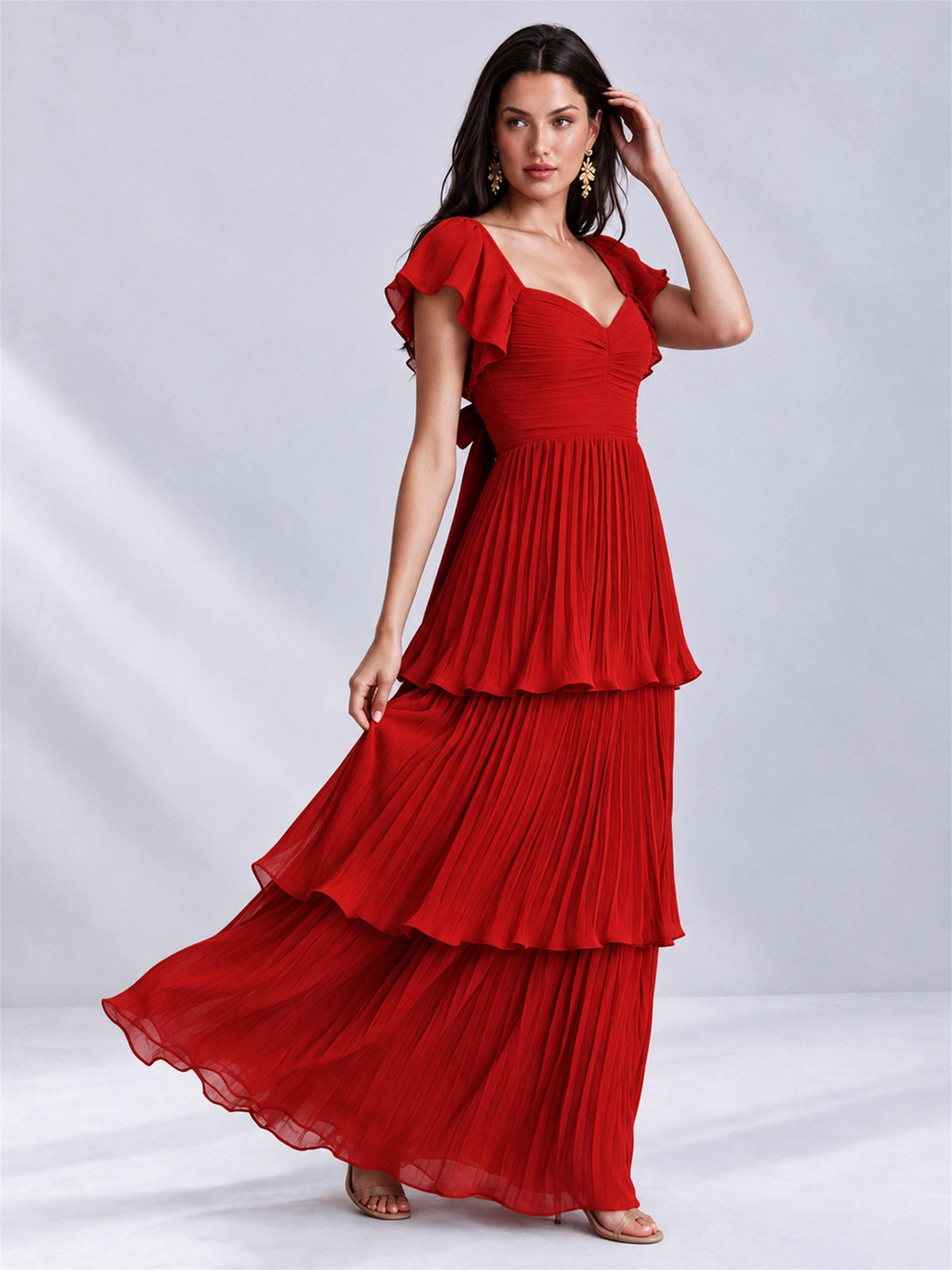 Sweetheart A-Line Tiered Chiffon Pleated Wedding Guest Dress with Flutter Sleeves