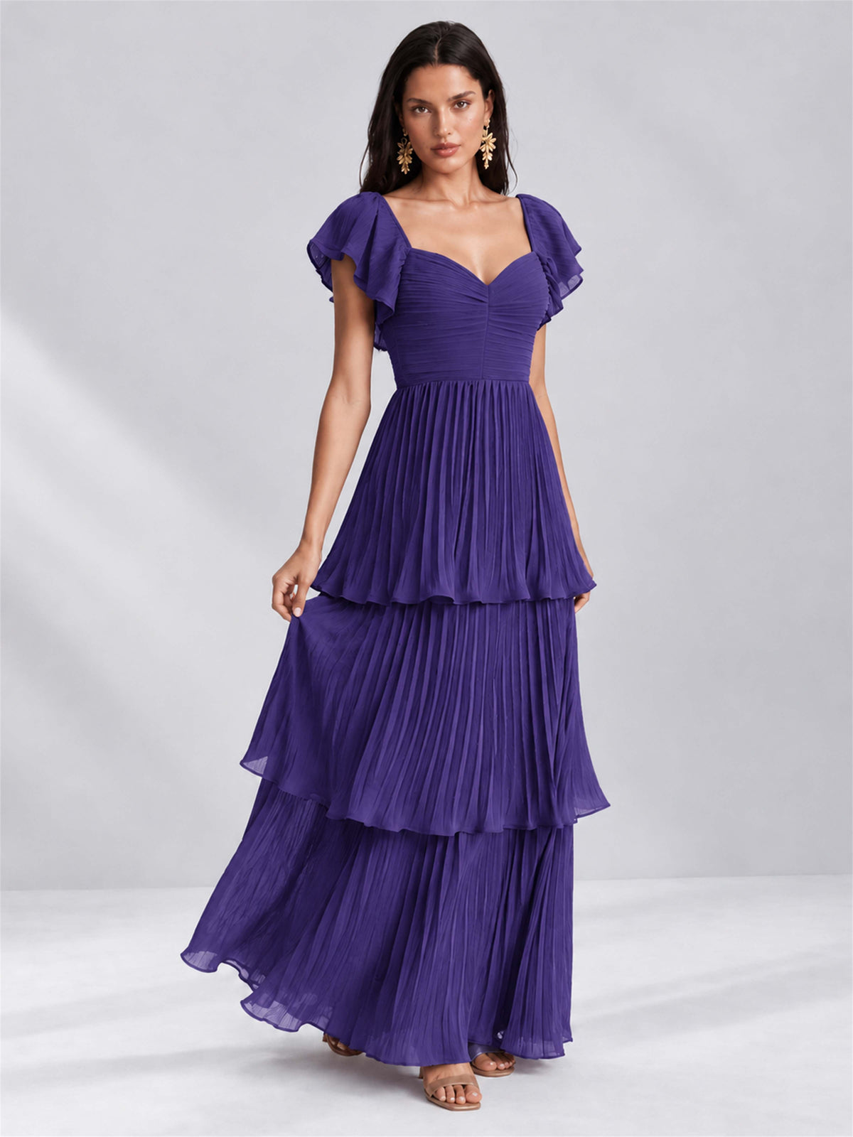 Sweetheart A-Line Tiered Chiffon Pleated Wedding Guest Dress with Flutter Sleeves