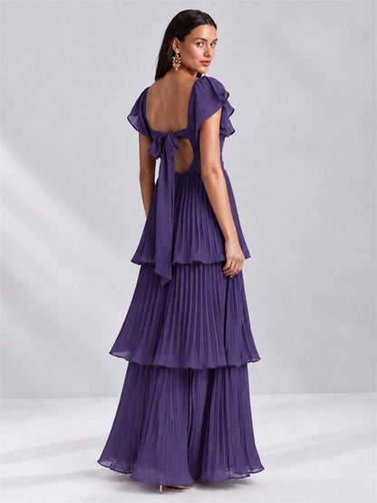 Sweetheart A-Line Tiered Chiffon Pleated Wedding Guest Dress with Flutter Sleeves