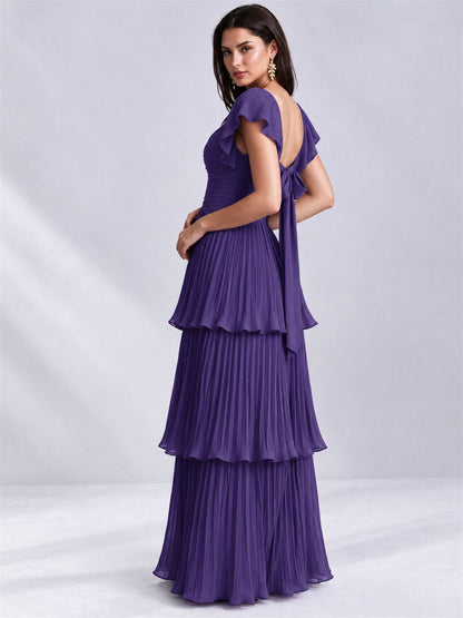 Sweetheart A-Line Tiered Chiffon Pleated Wedding Guest Dress with Flutter Sleeves