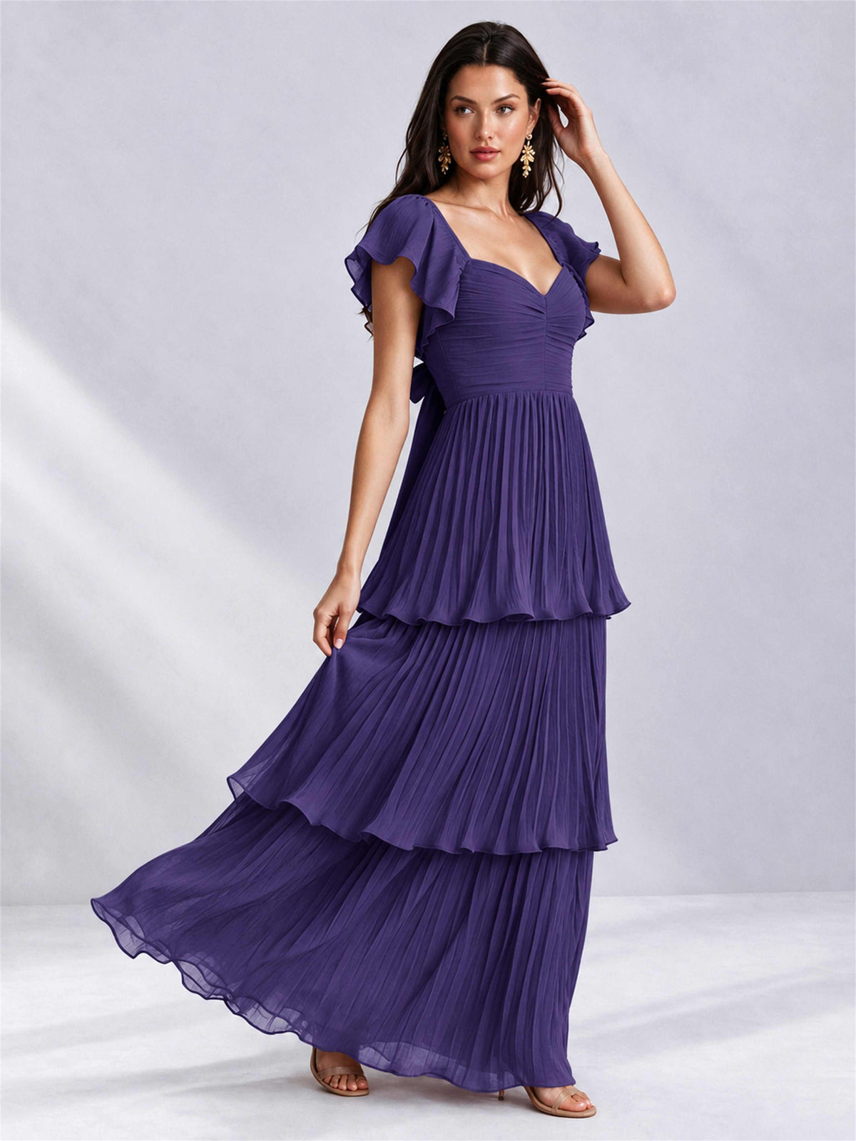 Sweetheart A-Line Tiered Chiffon Pleated Wedding Guest Dress with Flutter Sleeves