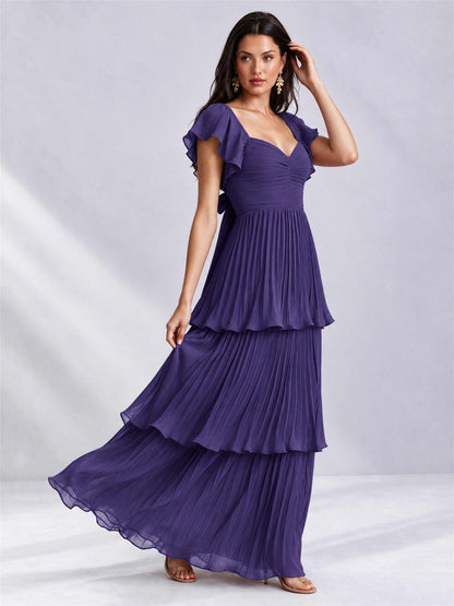 Sweetheart A-Line Tiered Chiffon Pleated Wedding Guest Dress with Flutter Sleeves