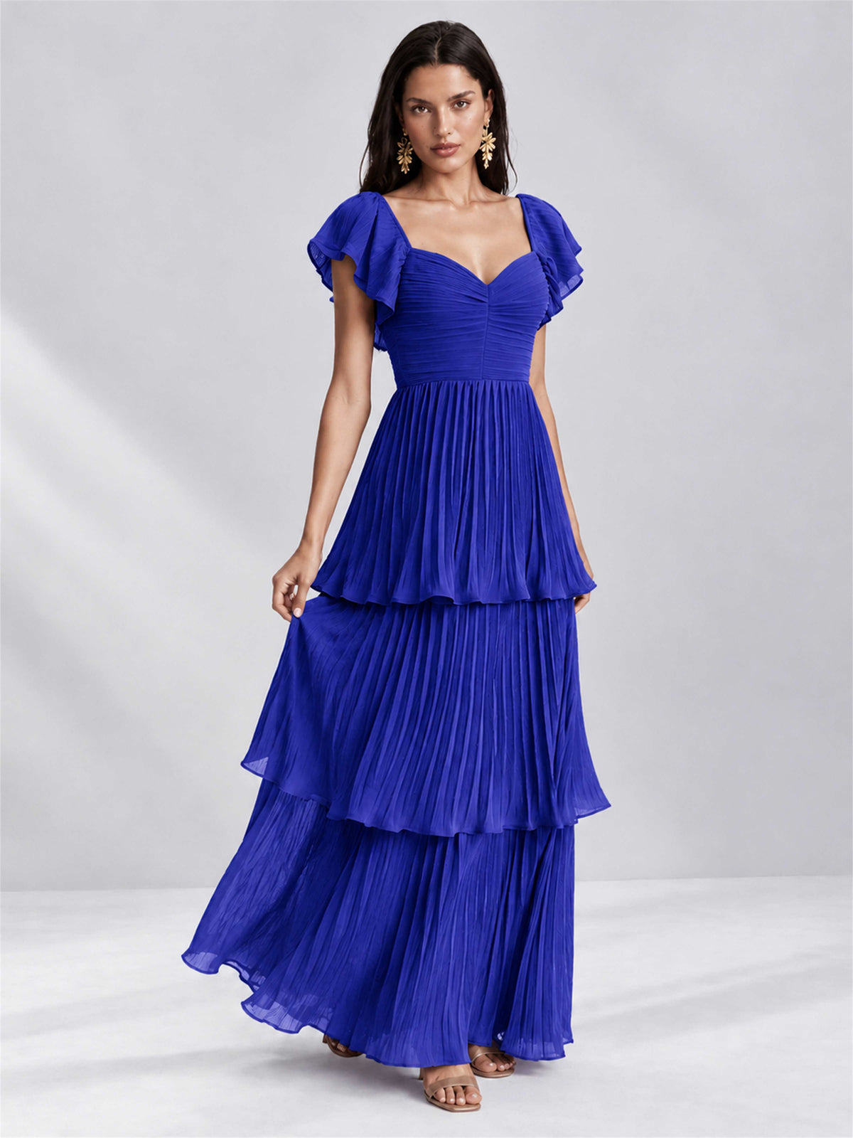 Sweetheart A-Line Tiered Chiffon Pleated Wedding Guest Dress with Flutter Sleeves