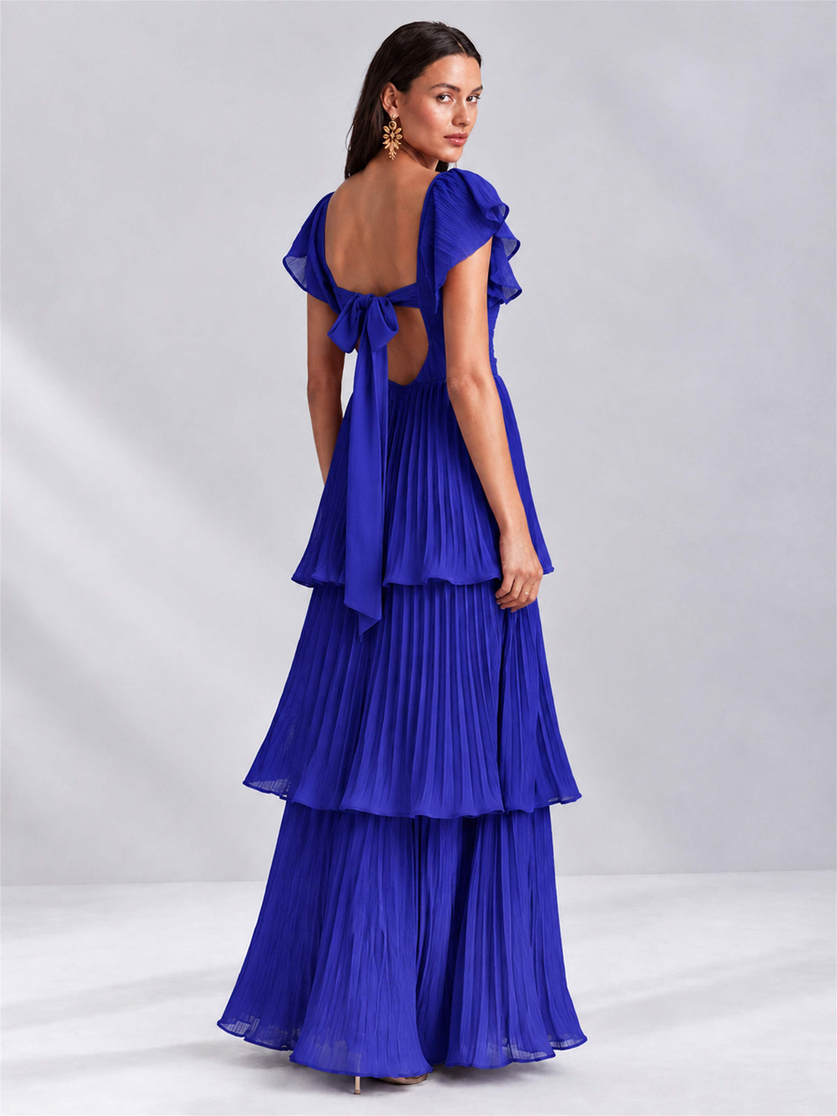Sweetheart A-Line Tiered Chiffon Pleated Wedding Guest Dress with Flutter Sleeves