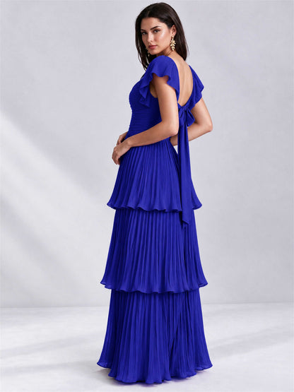 Sweetheart A-Line Tiered Chiffon Pleated Wedding Guest Dress with Flutter Sleeves
