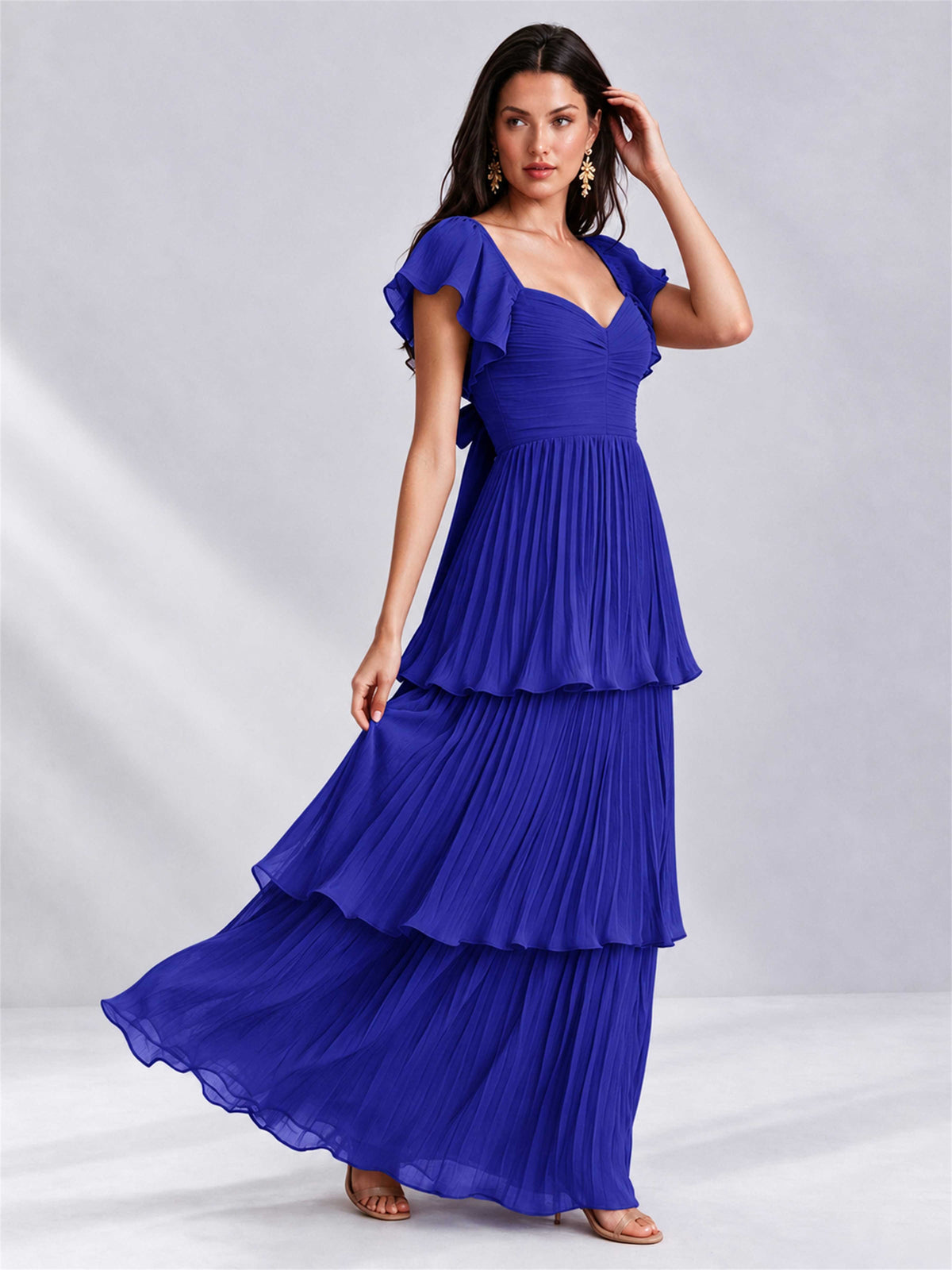 Sweetheart A-Line Tiered Chiffon Pleated Wedding Guest Dress with Flutter Sleeves