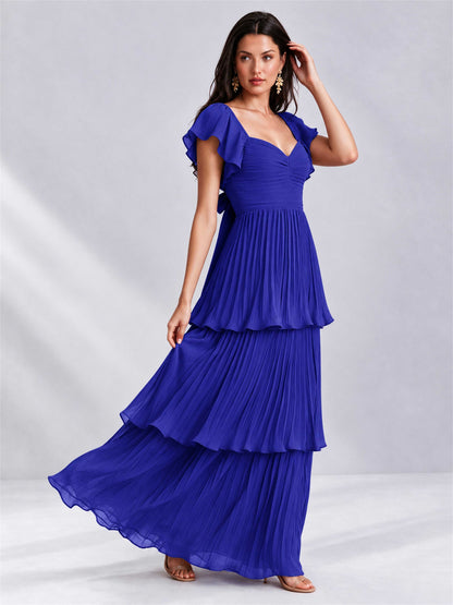 Sweetheart A-Line Tiered Chiffon Pleated Wedding Guest Dress with Flutter Sleeves