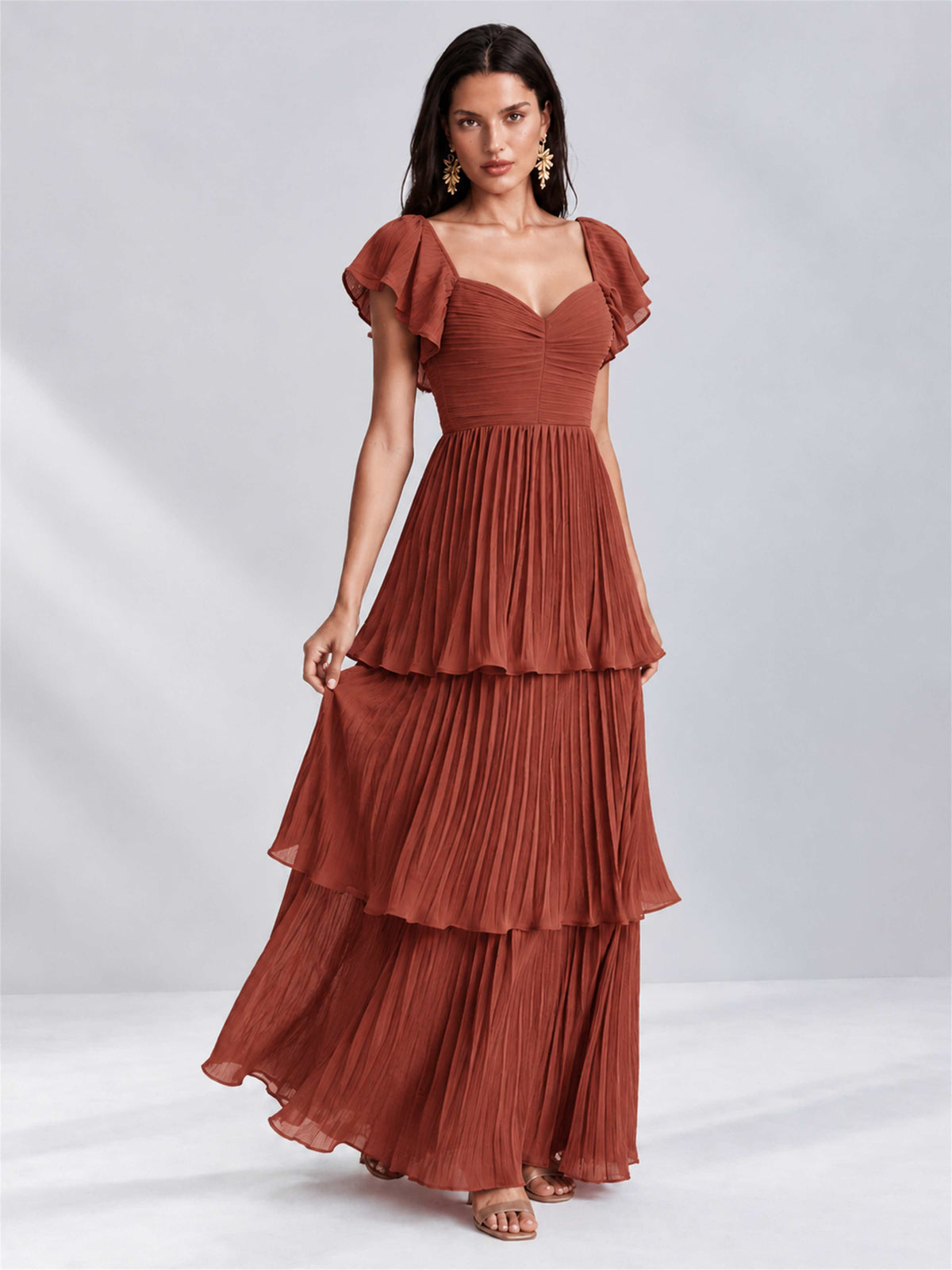 Sweetheart A-Line Tiered Chiffon Pleated Wedding Guest Dress with Flutter Sleeves