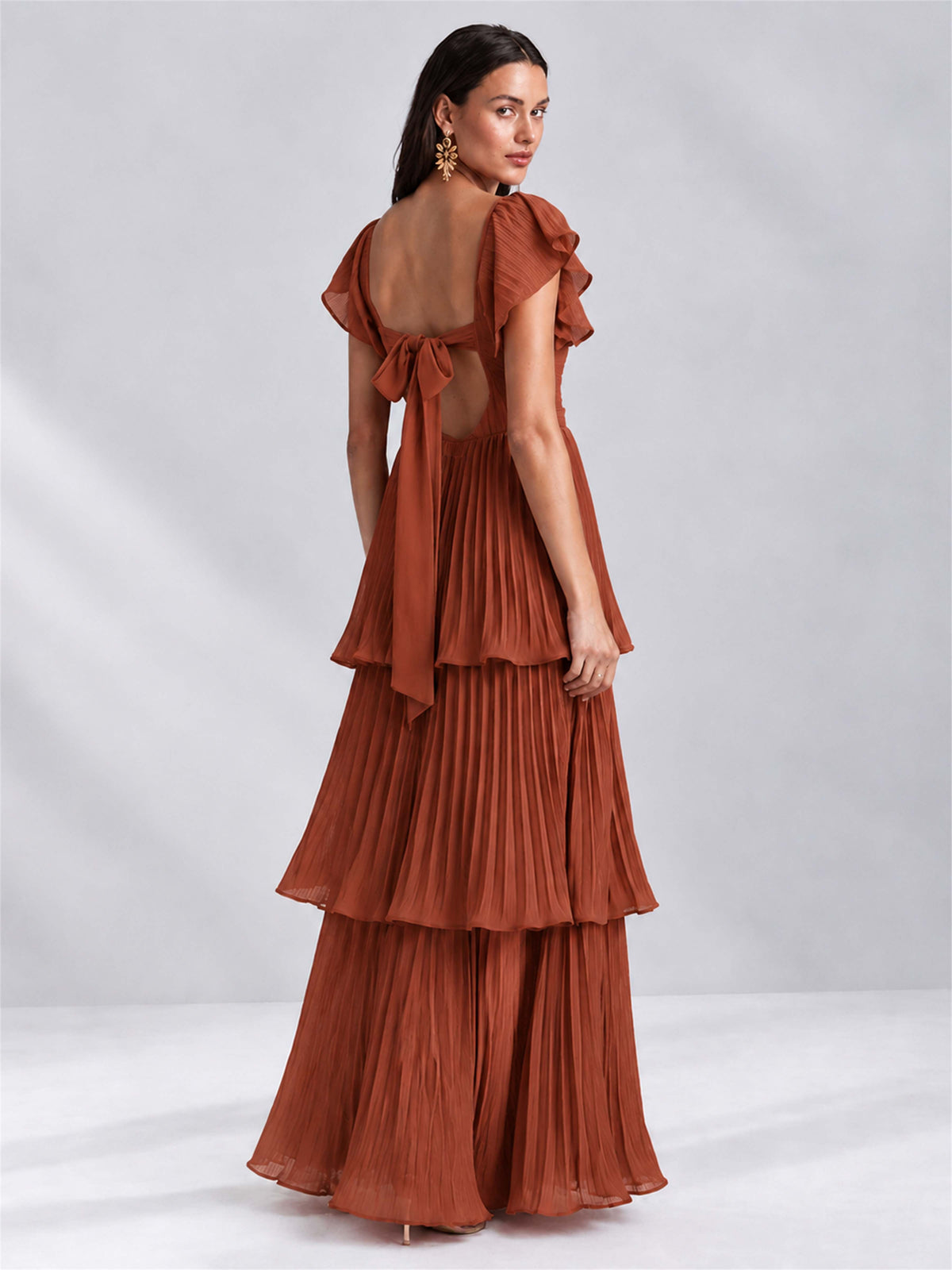 Sweetheart A-Line Tiered Chiffon Pleated Wedding Guest Dress with Flutter Sleeves