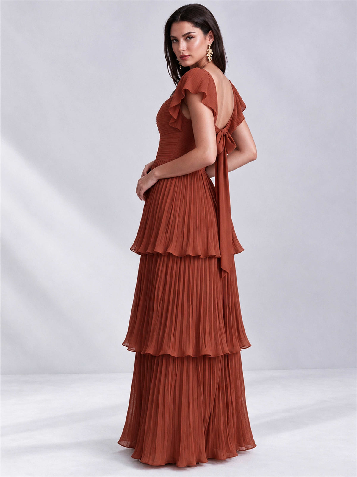Sweetheart A-Line Tiered Chiffon Pleated Wedding Guest Dress with Flutter Sleeves