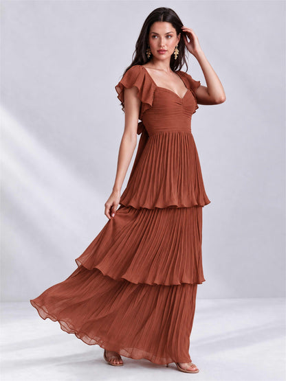 Sweetheart A-Line Tiered Chiffon Pleated Wedding Guest Dress with Flutter Sleeves
