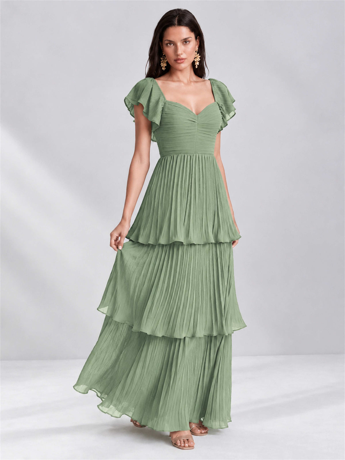 Sweetheart A-Line Tiered Chiffon Pleated Wedding Guest Dress with Flutter Sleeves