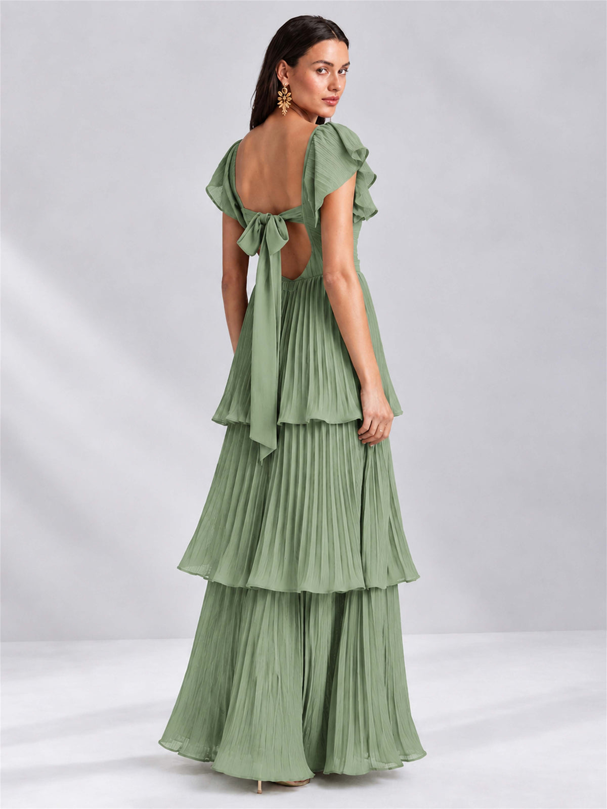 Sweetheart A-Line Tiered Chiffon Pleated Wedding Guest Dress with Flutter Sleeves