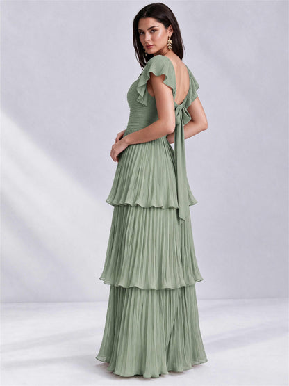 Sweetheart A-Line Tiered Chiffon Pleated Wedding Guest Dress with Flutter Sleeves