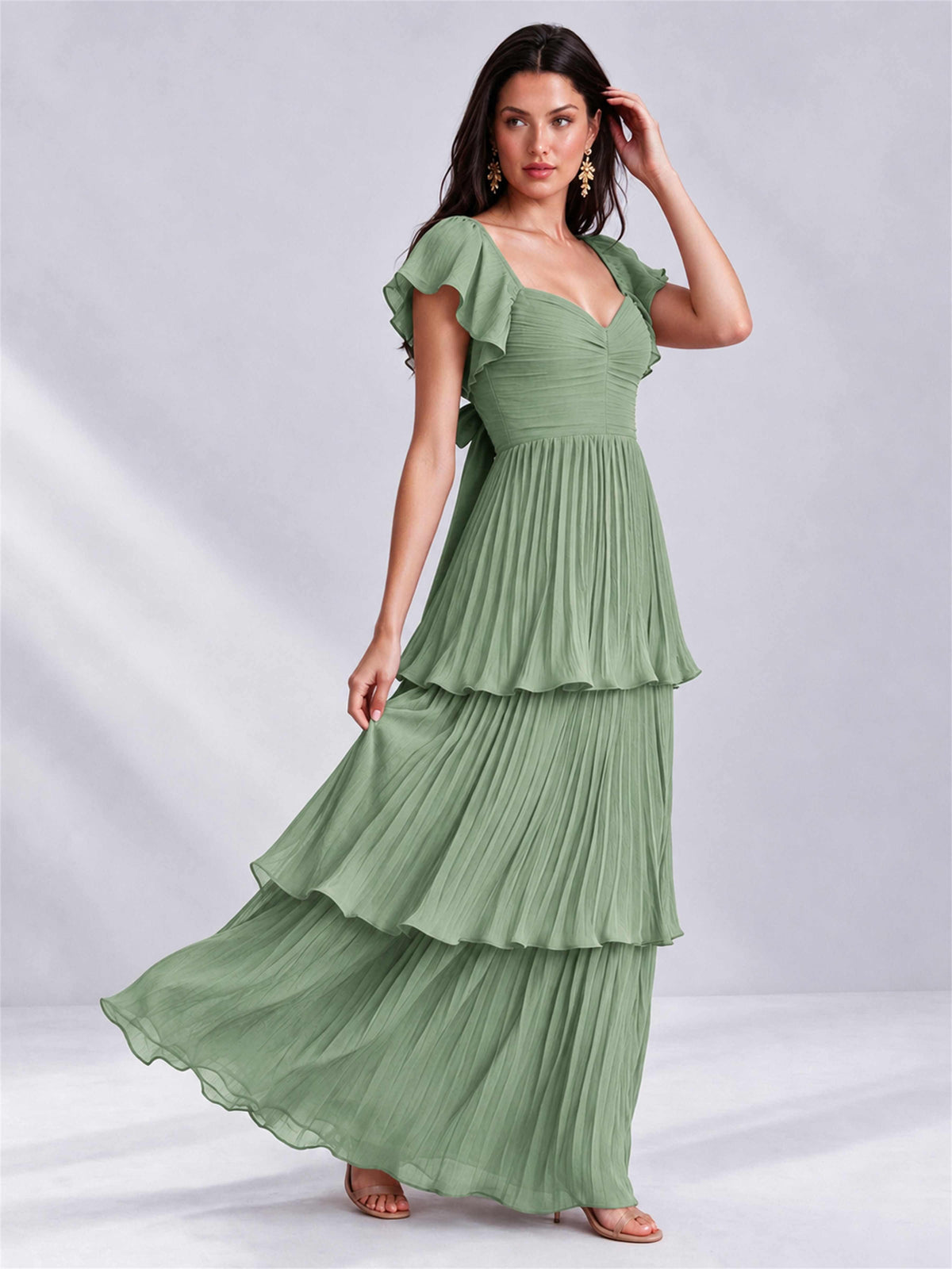 Sweetheart A-Line Tiered Chiffon Pleated Wedding Guest Dress with Flutter Sleeves