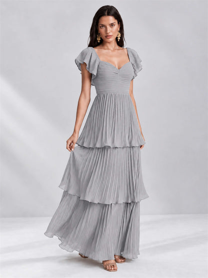 Sweetheart A-Line Tiered Chiffon Pleated Wedding Guest Dress with Flutter Sleeves