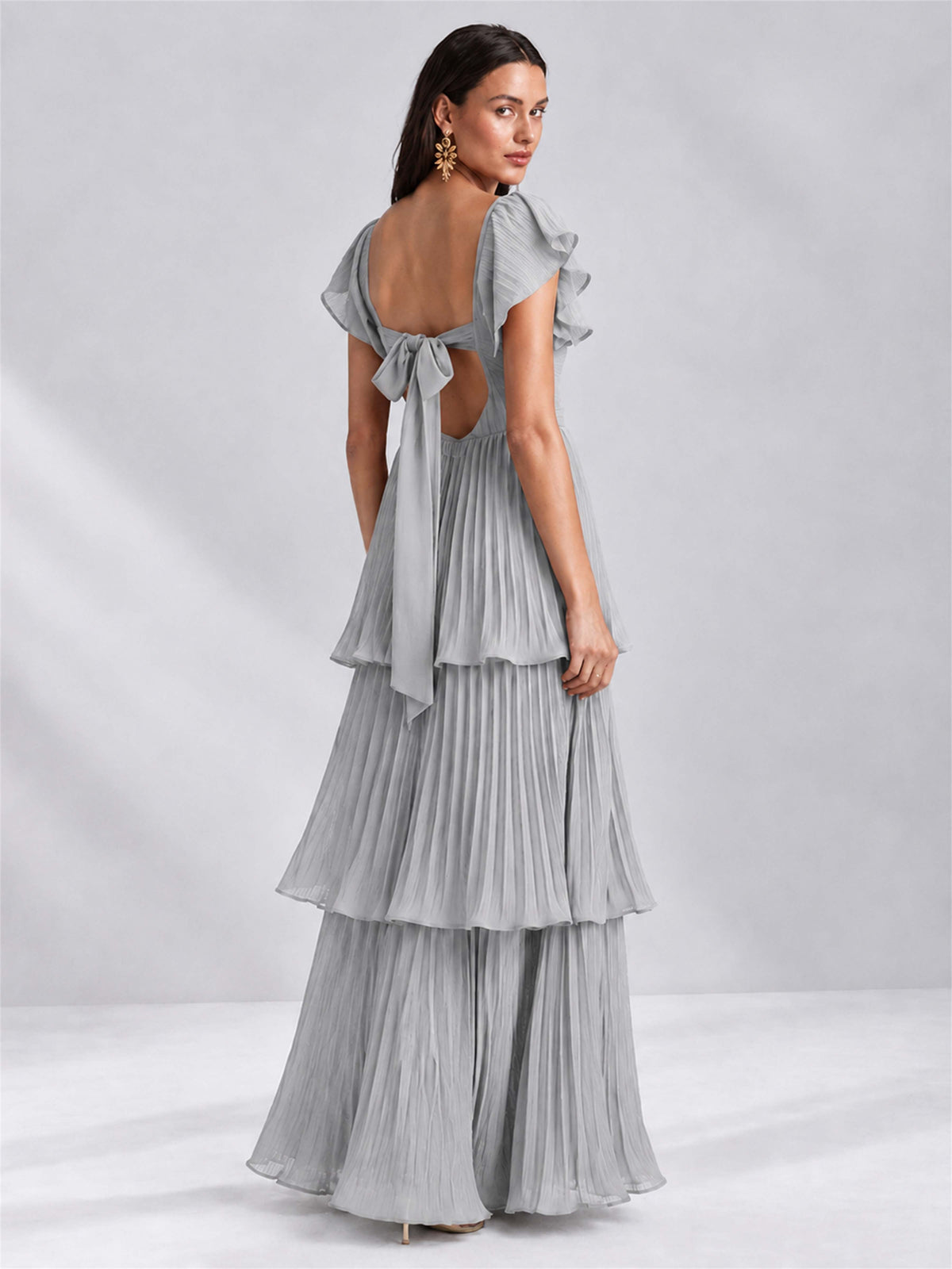 Sweetheart A-Line Tiered Chiffon Pleated Wedding Guest Dress with Flutter Sleeves