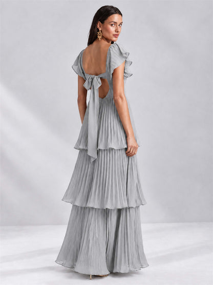 Sweetheart A-Line Tiered Chiffon Pleated Wedding Guest Dress with Flutter Sleeves