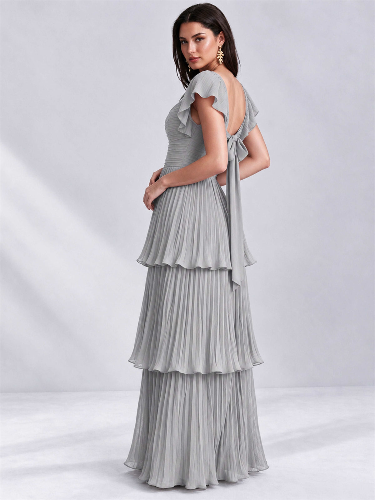 Sweetheart A-Line Tiered Chiffon Pleated Wedding Guest Dress with Flutter Sleeves