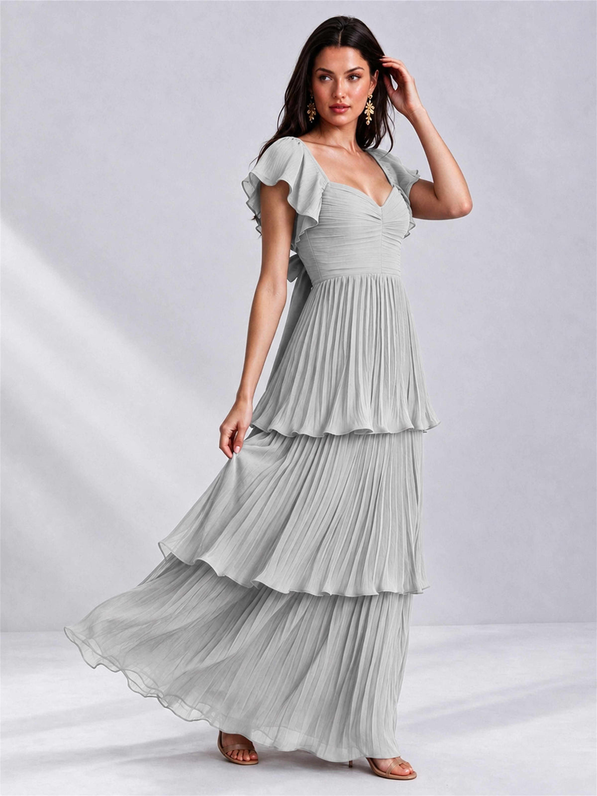 Sweetheart A-Line Tiered Chiffon Pleated Wedding Guest Dress with Flutter Sleeves