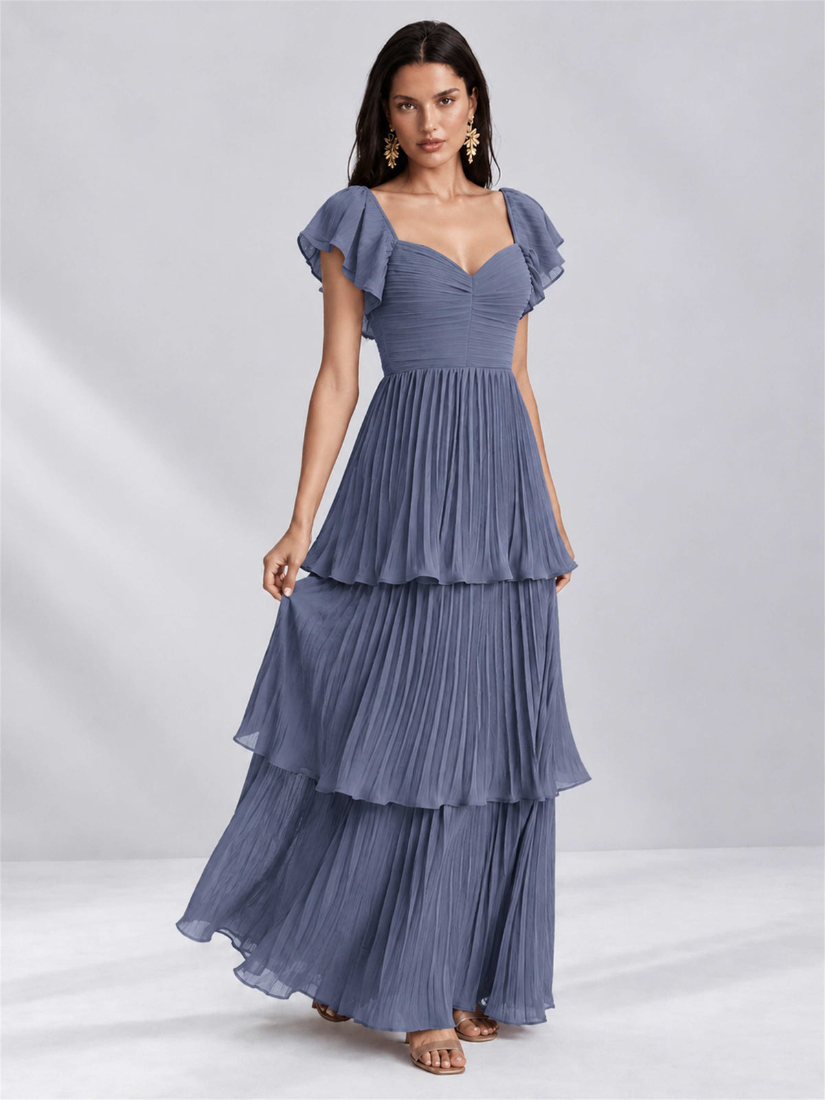 Sweetheart A-Line Tiered Chiffon Pleated Wedding Guest Dress with Flutter Sleeves