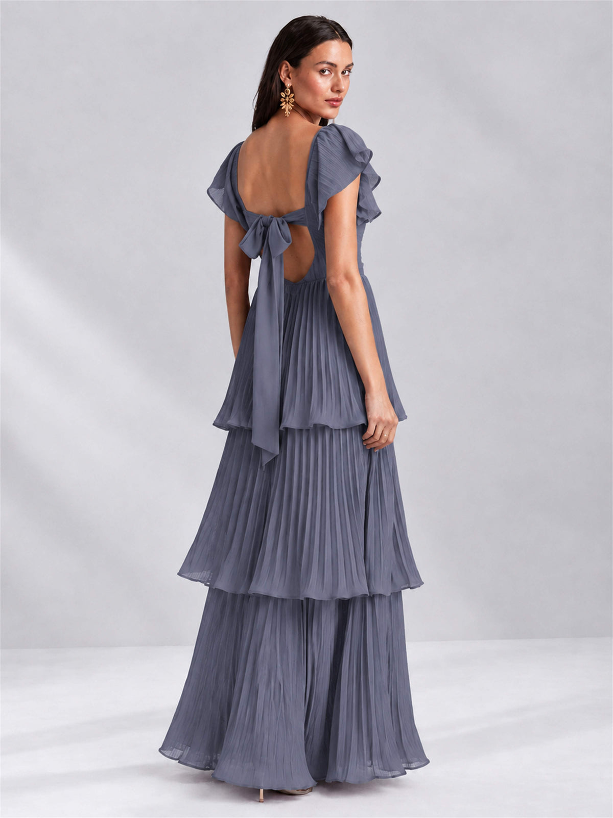 Sweetheart A-Line Tiered Chiffon Pleated Wedding Guest Dress with Flutter Sleeves