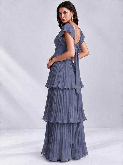 Sweetheart A-Line Tiered Chiffon Pleated Wedding Guest Dress with Flutter Sleeves