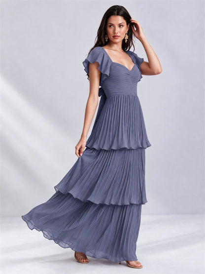 Sweetheart A-Line Tiered Chiffon Pleated Wedding Guest Dress with Flutter Sleeves
