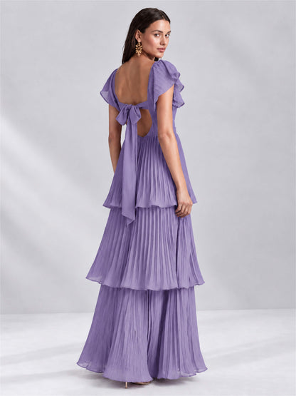 Sweetheart A-Line Tiered Chiffon Pleated Wedding Guest Dress with Flutter Sleeves