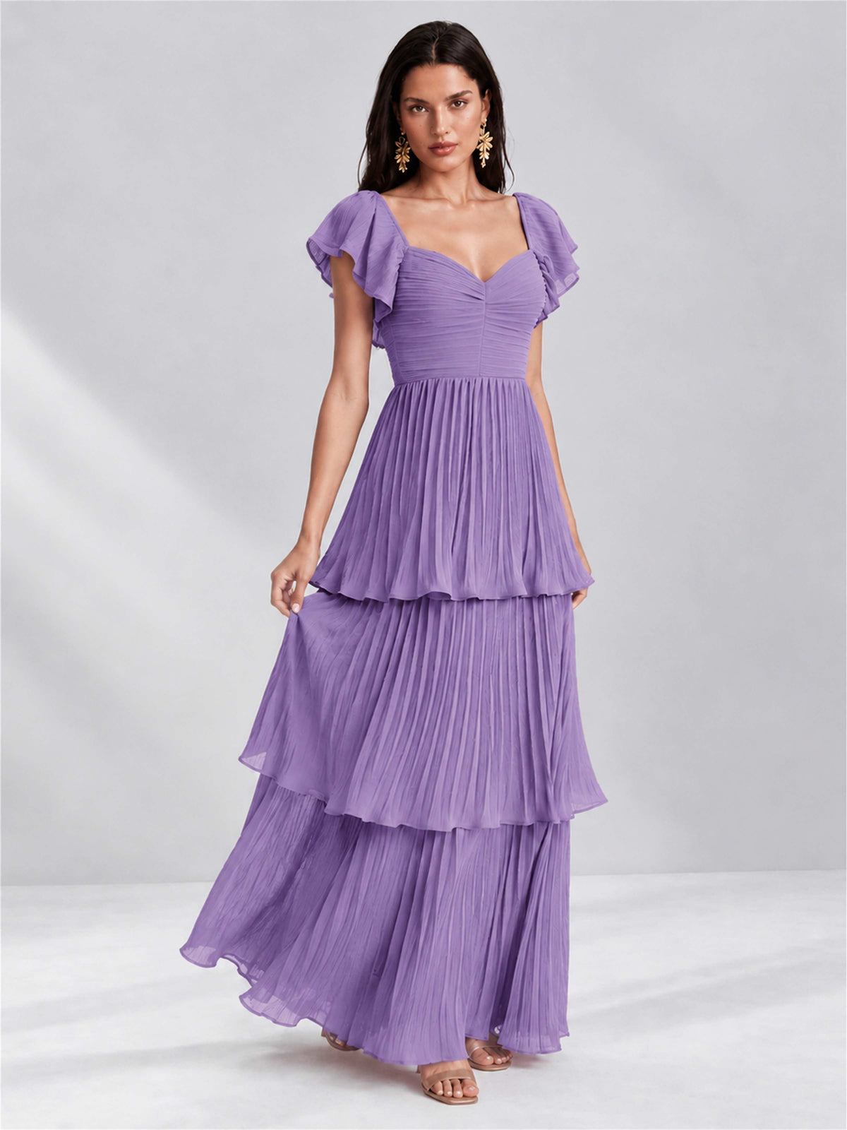Sweetheart A-Line Tiered Chiffon Pleated Wedding Guest Dress with Flutter Sleeves