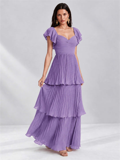 Sweetheart A-Line Tiered Chiffon Pleated Wedding Guest Dress with Flutter Sleeves