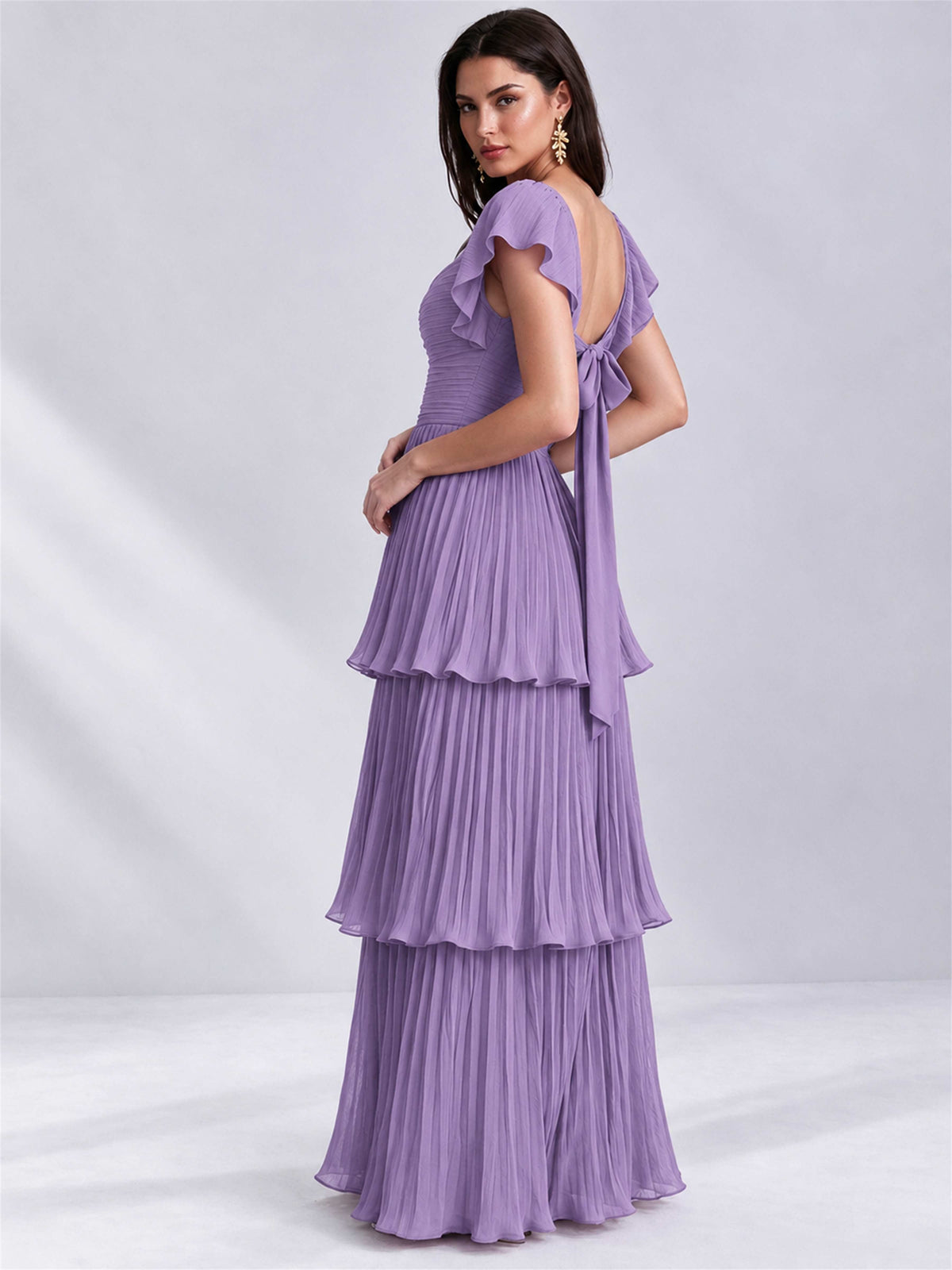 Sweetheart A-Line Tiered Chiffon Pleated Wedding Guest Dress with Flutter Sleeves
