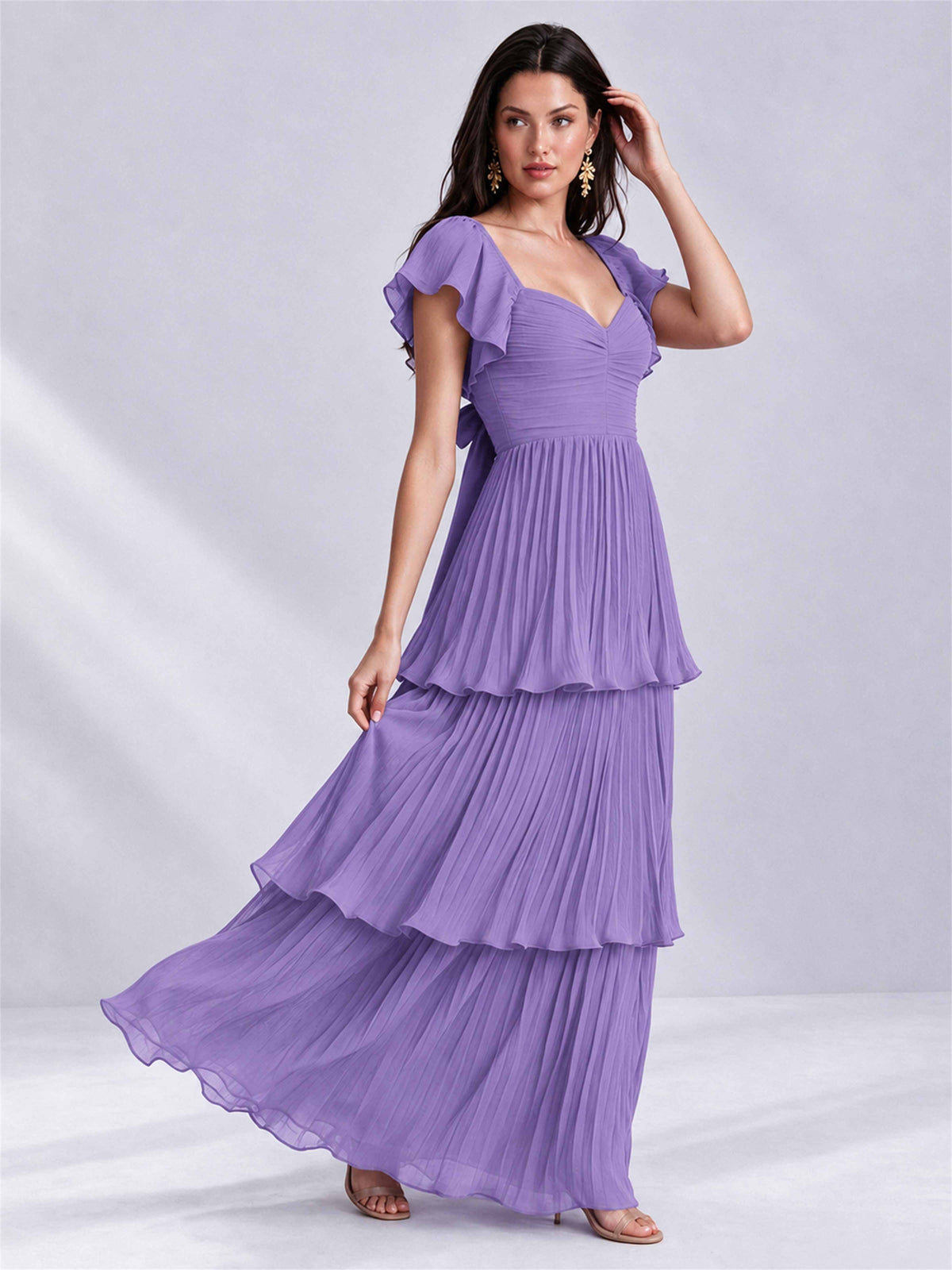 Sweetheart A-Line Tiered Chiffon Pleated Wedding Guest Dress with Flutter Sleeves