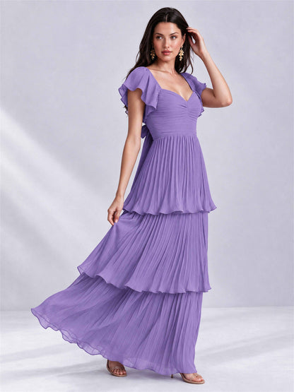 Sweetheart A-Line Tiered Chiffon Pleated Wedding Guest Dress with Flutter Sleeves