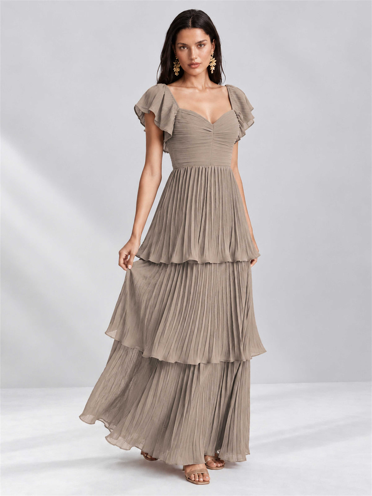 Sweetheart A-Line Tiered Chiffon Pleated Wedding Guest Dress with Flutter Sleeves