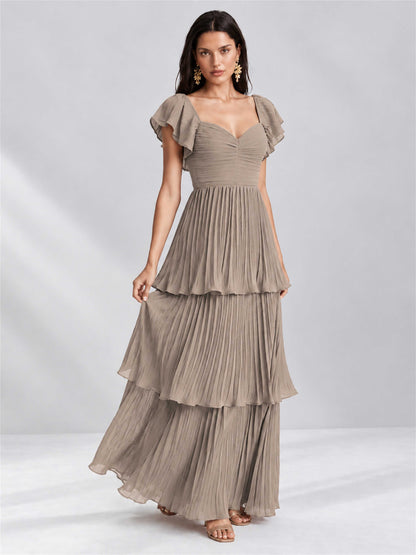 Sweetheart A-Line Tiered Chiffon Pleated Wedding Guest Dress with Flutter Sleeves