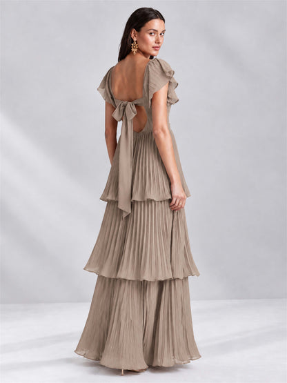 Sweetheart A-Line Tiered Chiffon Pleated Wedding Guest Dress with Flutter Sleeves