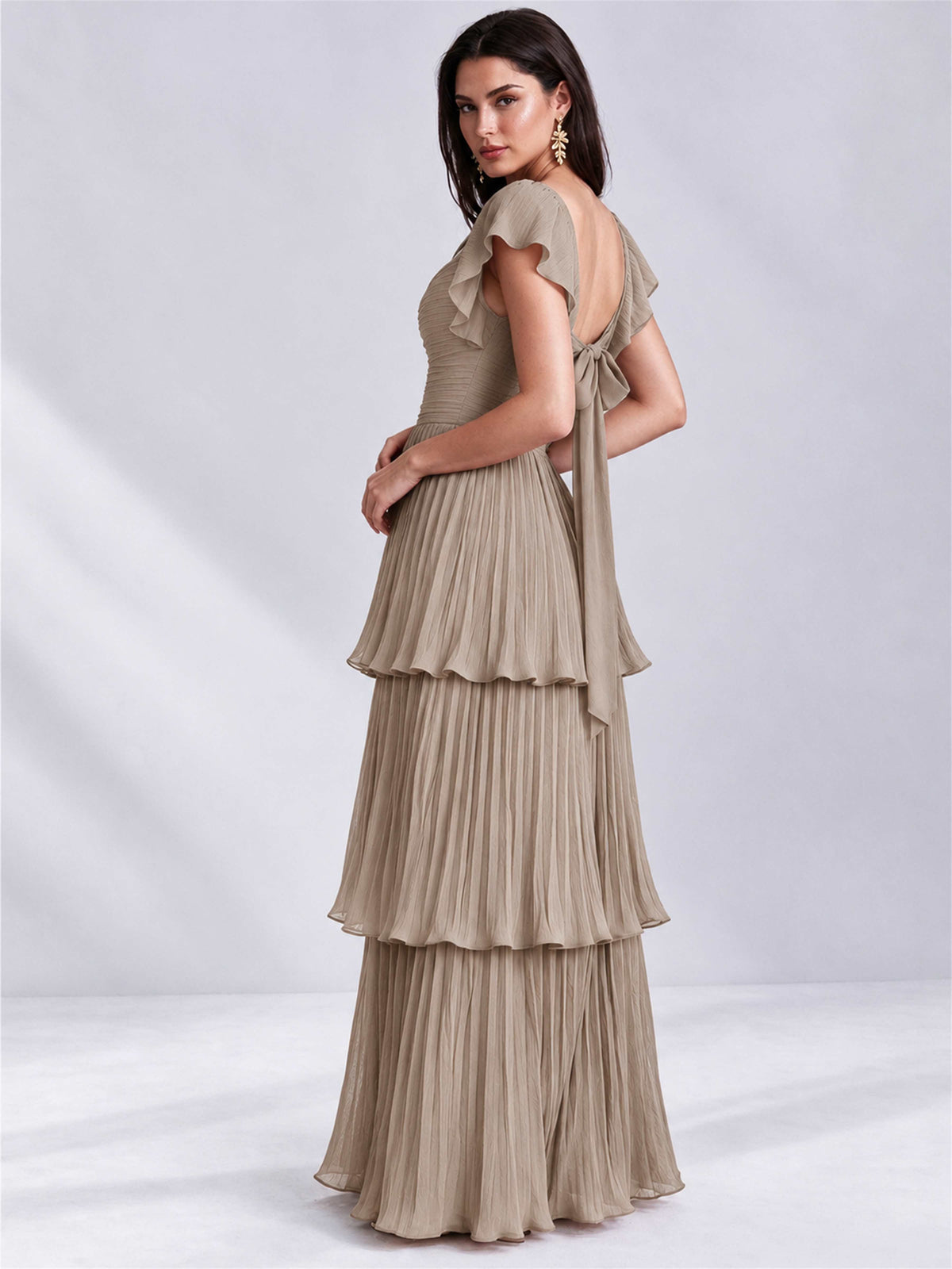 Sweetheart A-Line Tiered Chiffon Pleated Wedding Guest Dress with Flutter Sleeves