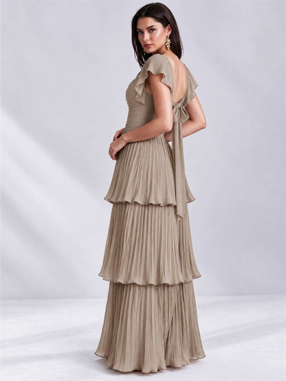 Sweetheart A-Line Tiered Chiffon Pleated Wedding Guest Dress with Flutter Sleeves