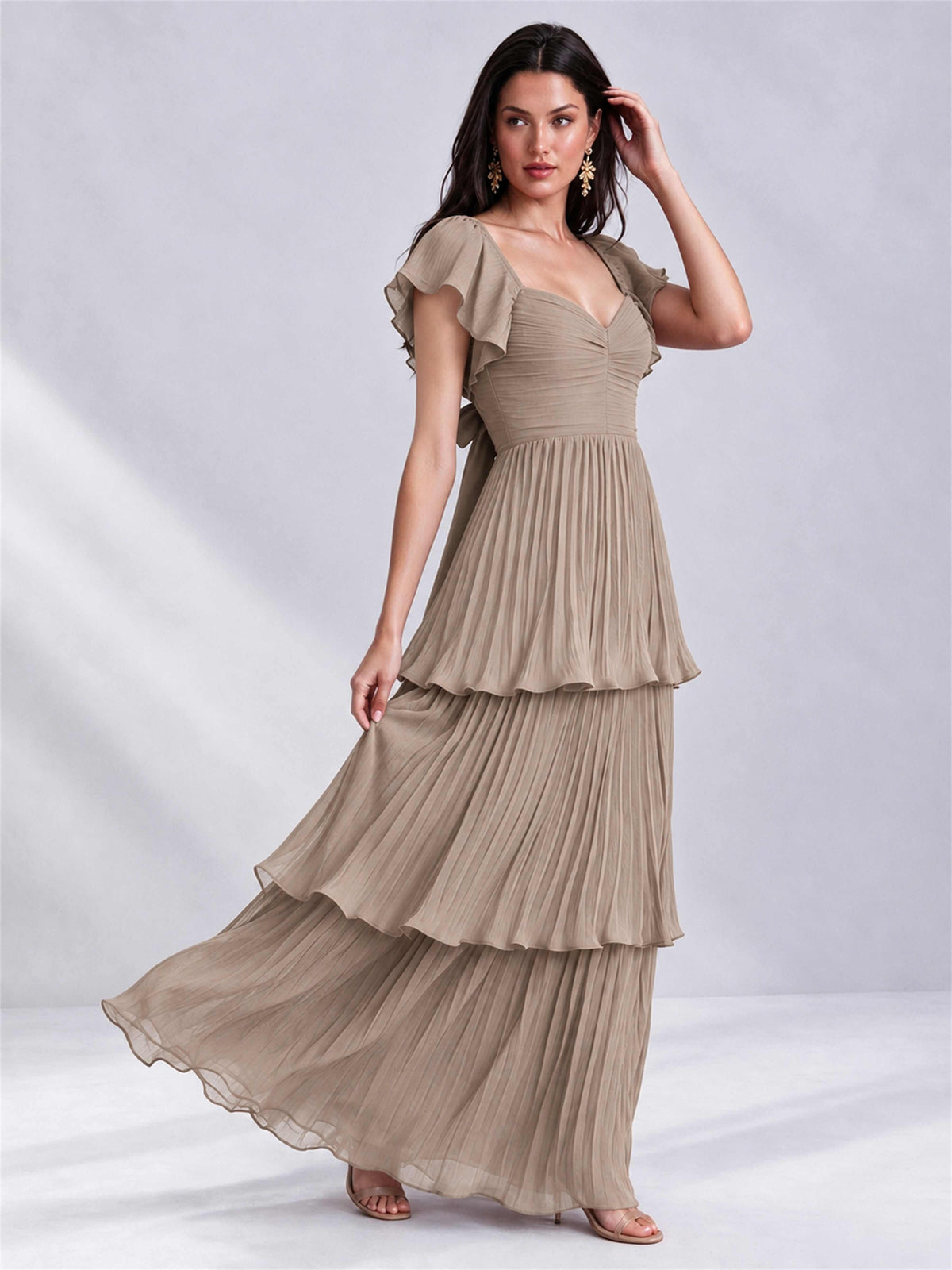 Sweetheart A-Line Tiered Chiffon Pleated Wedding Guest Dress with Flutter Sleeves