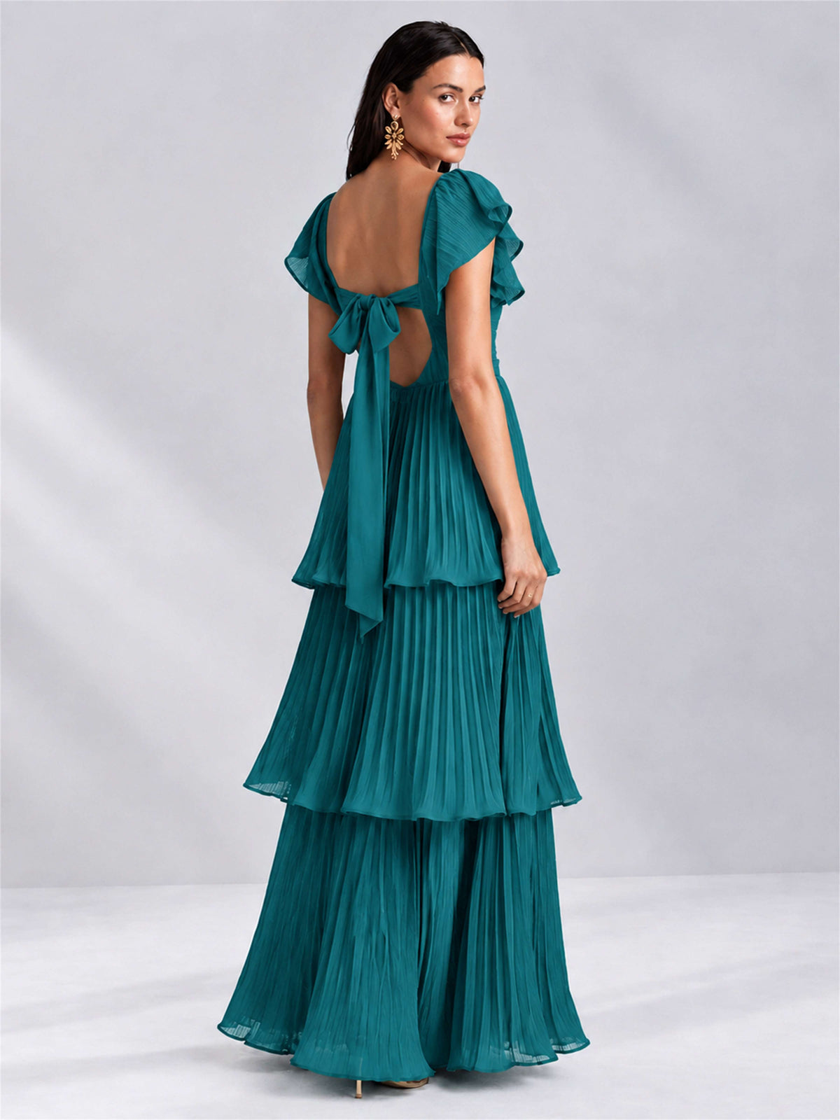 Sweetheart A-Line Tiered Chiffon Pleated Wedding Guest Dress with Flutter Sleeves