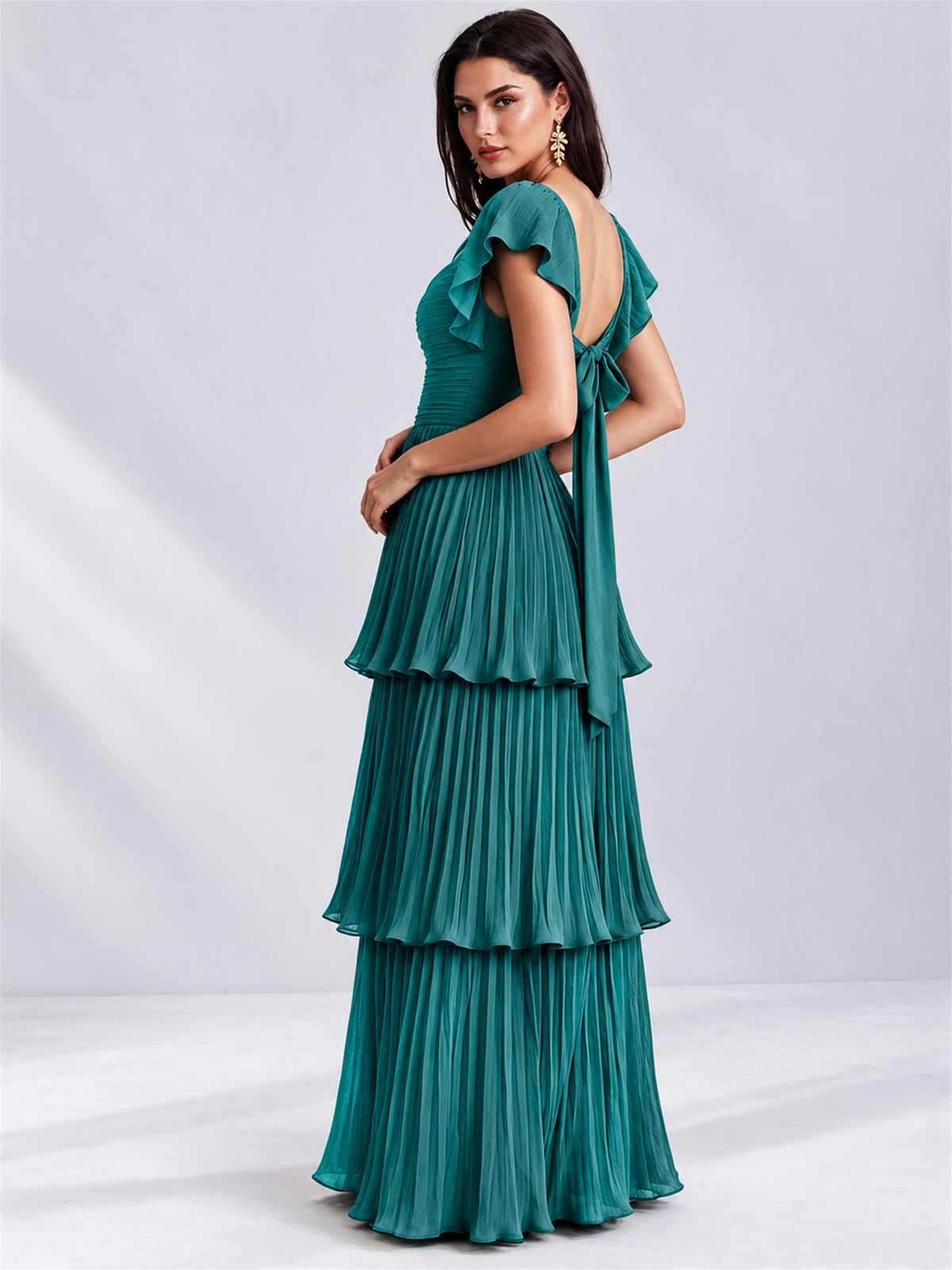 Sweetheart A-Line Tiered Chiffon Pleated Wedding Guest Dress with Flutter Sleeves