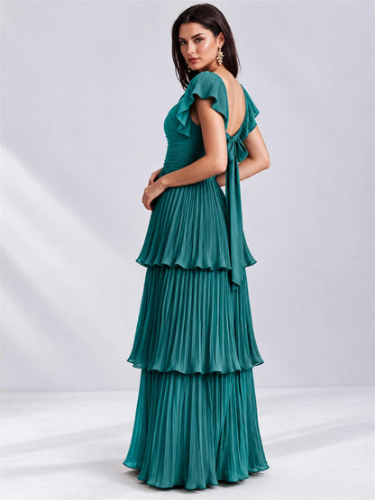 Sweetheart A-Line Tiered Chiffon Pleated Wedding Guest Dress with Flutter Sleeves