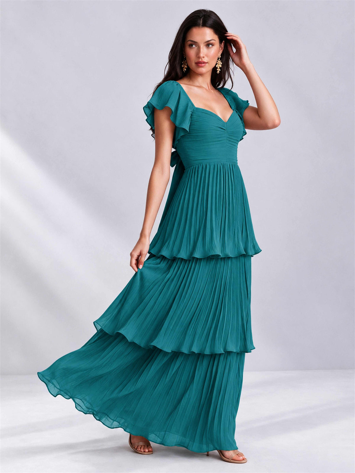 Sweetheart A-Line Tiered Chiffon Pleated Wedding Guest Dress with Flutter Sleeves