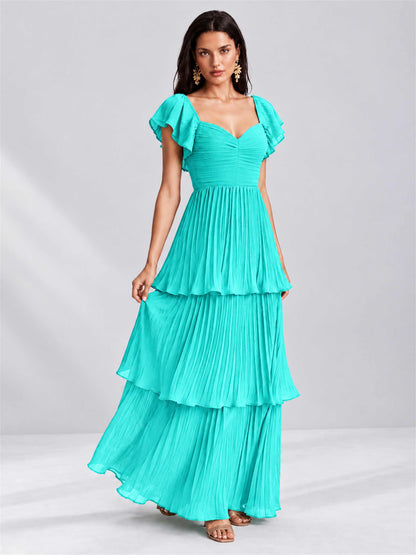 Sweetheart A-Line Tiered Chiffon Pleated Wedding Guest Dress with Flutter Sleeves